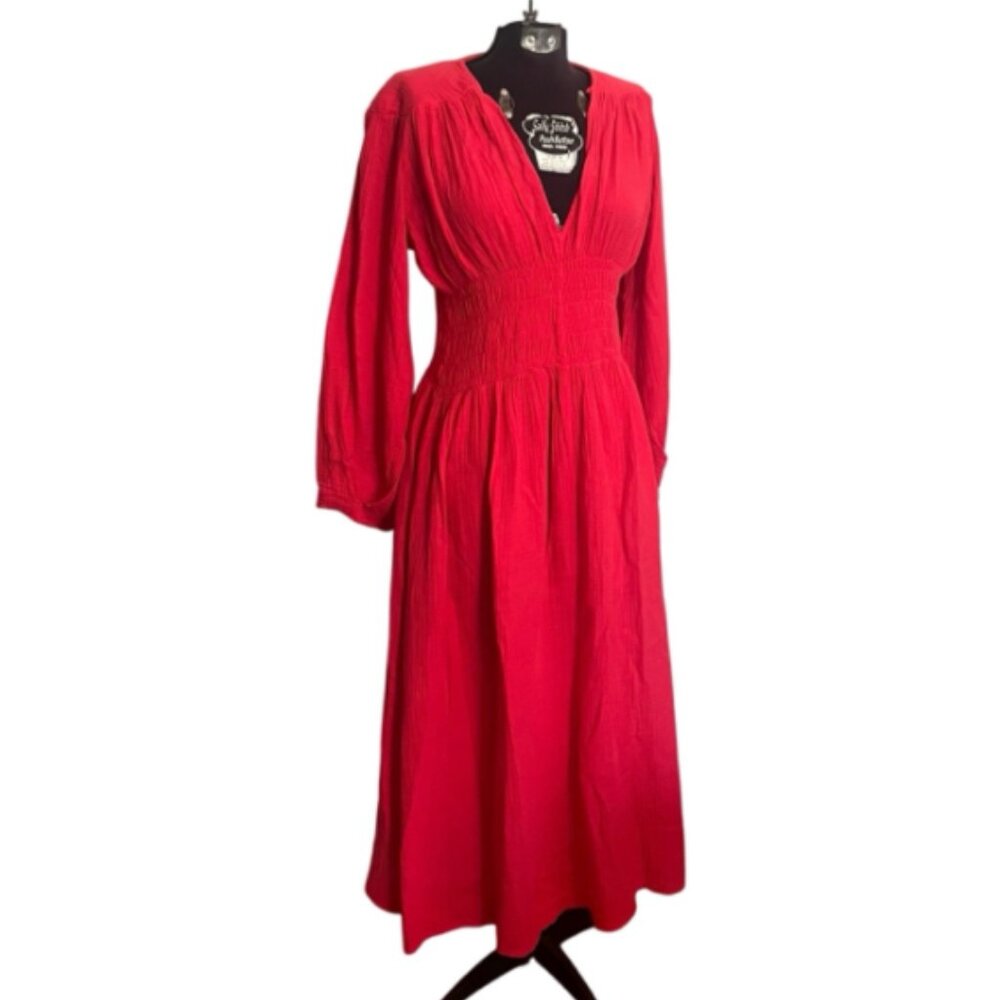 Moment Red Smocked Cotton Midi Dress Made in Italy One Size NWT